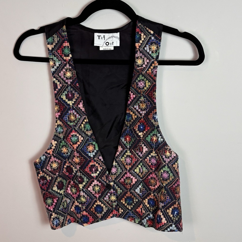 VTG 90s Try One Cotton Embroidered Multicolor Vest Sz Small Boho‎ Dark Academia